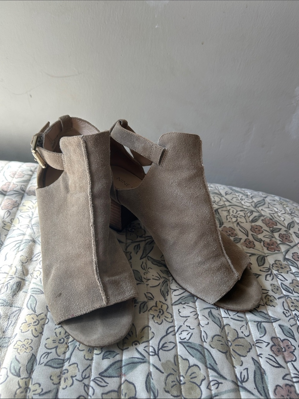 Nine West Taupe Suede Open-Toe Block Heel Sandals